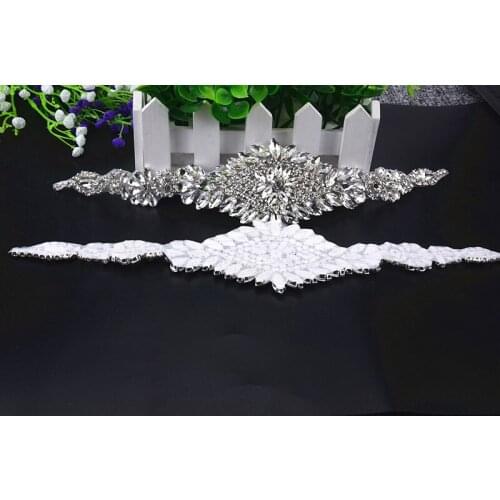 1pcs Handmade Sew On Hot Fix Beaded Crystal Silver Rhinestone Applique for Wedding DIY Bridal Belt Headbands Garter