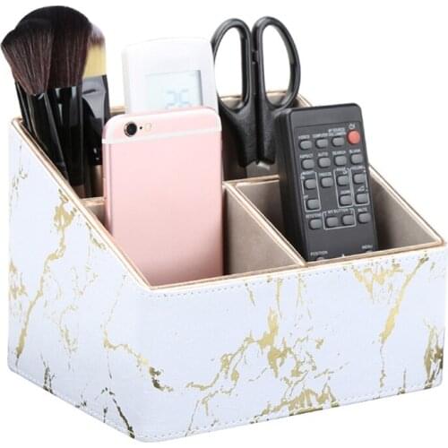 3 Grids Marble Leather Desk Stationery Organizer Pen Pencil Holder Mobile Phone B36C