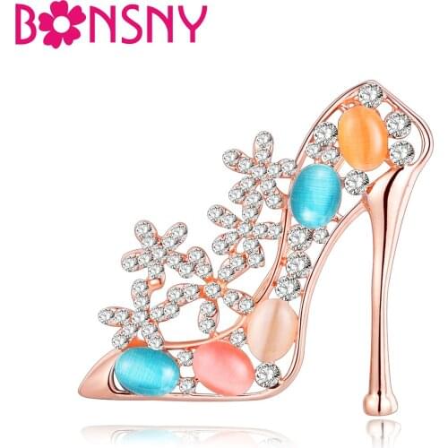 Bonsny Rhinestone High Heels Shoes Brooch For Women Opal Brooches Pin Collar Scarf Decoration New Fashion Jewelry Accessories