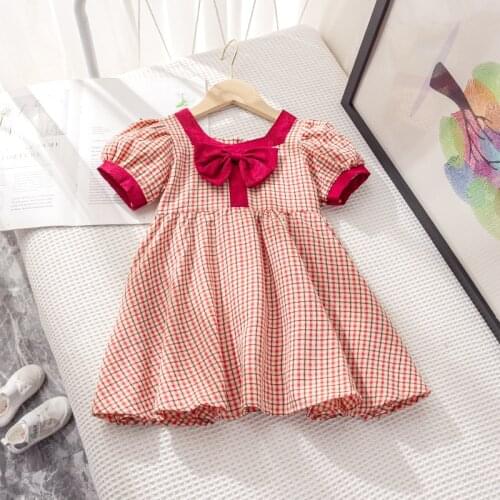 Infant Clothing for Girls Red Dress Summer Party Vestidos for Kids Preppy Style Cute Toddler Plaid Dresses Bow Children Clothes
