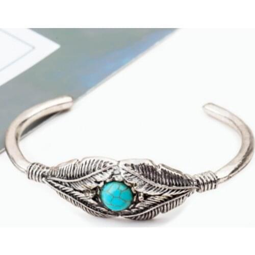 FYSL Silver Plated Feather with Green Turquoises Stone Open Bangle for Gift Classic Style Jewelry