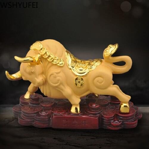 Chinese Style Lucky Cattle Animal Resin Furnishings Golden Crafts Ornaments Home Desktop Living Room Decoration Cculpture Statue
