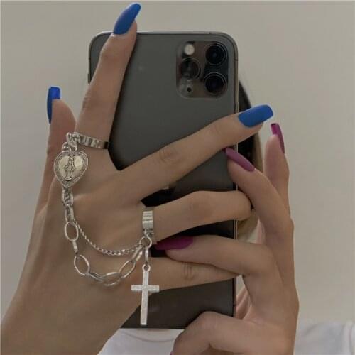 Retro Punk Hip Hop Cross Ring Finger Chain Adjustable Two Link Ring Jewelry Gift Mens Womens Gothic Jewelry Rings New