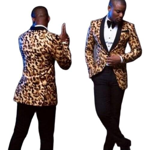 Handsome Leopard Pattern One Button Groom Tuxedos Shawl Collar Mens Evening Dress Toast Business Suits (Jacket+Pants+Tie) W:412