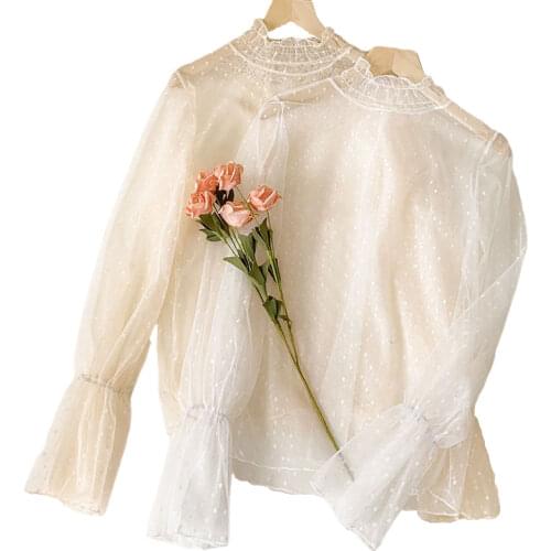 Lace Women Blouse Vintage Princess All Match See Through Sexy Flare Sleeved Pulls Fashion Female Lady White Shirts Outwear Tops