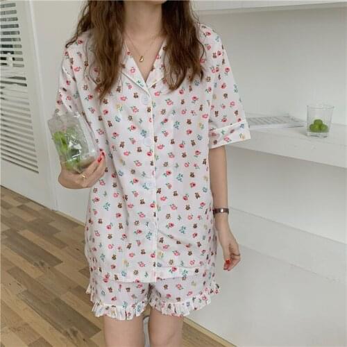Floral Print Summer Pajamas Set Women Single Breasted Shirts + Shorts Set Two Piece Home Suit Sweet Kawaii Cotton Sleepwear Cute