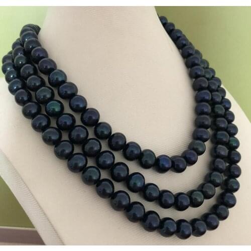 Stunning 9-10mm round tahitian black pearl necklace 48inch 14k/20