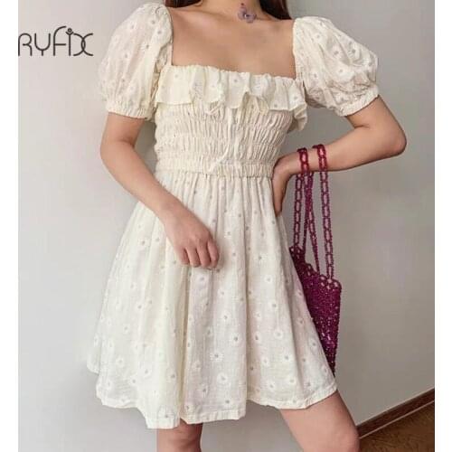 Ryfix Summer Sexy Ruffles Women Puffed Sleeves Dress Square Neck Bow Slim Waist Floral Dresses Girls Princess Pleated Dresses
