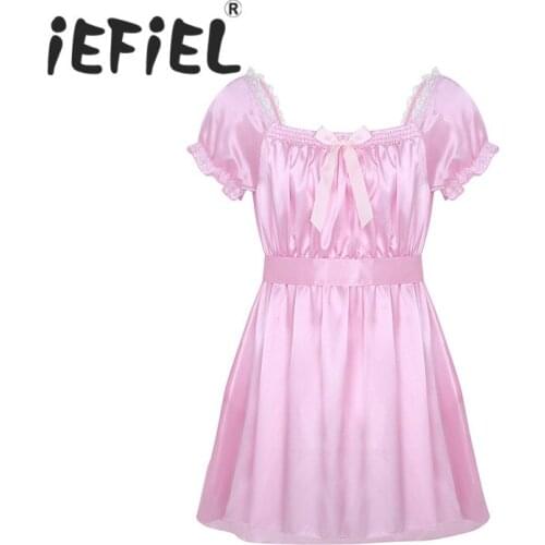 Sexy Mens Short Sleeve Square Neckline Shiny Soft Satin High Low Design Crossdress Lingerie Dress with Sash Nightwear Underwear