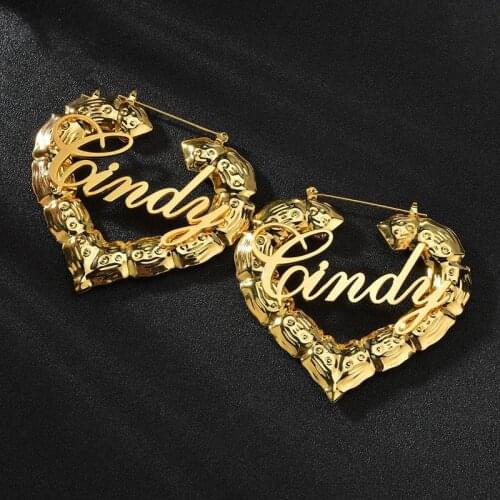 Hiphop Custom Name Earrings Bamboo Heart Hoop Earrings Love Shape Customize Earrings Stainless Steel Heart Shape Bamboo Earrings