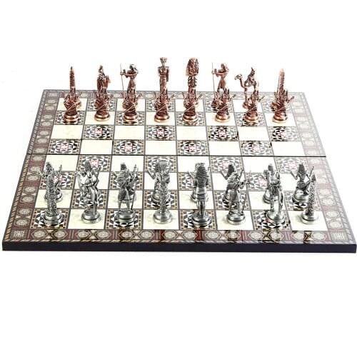 Egypt Pharaoh Antique Copper Figures Metal Chess Set,Handmade Pieces and Mother-of-Pearl Patterned Wood Chess Board King 9 cm
