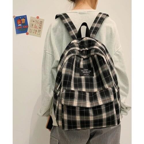 Teen School Bag For Girls Korean Haraguku Backpack Women Plaid Bookbag Middle Student Schoolbag Large Canvas Laptop Backpack New
