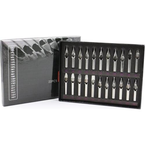 Top Quality 22PCS 304L Stainless Steel Tattoo Nozzle Tips Set With Box Tattoo Kit Supply Free Shipping TL-107
