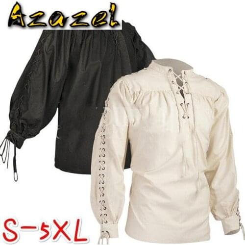 High-quality personality Fashion Mens bandage Long-sleeved medieval Renaissance shirt Gothic men Stand Collar warrior shirts