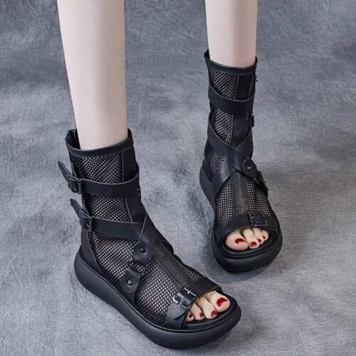 Womens Boots 2021 Summer Fashion Cross Belt Rivet Fish Mouth Net Boots All-match British Style Heel Soft Leather Sandals