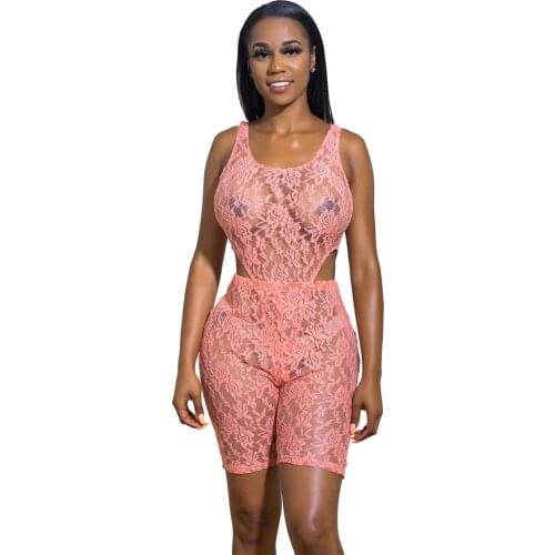 Women Sexy Lace Jumpsuits Rompers Bodycon Hollow Out Sleeveless Crop Top Short Pants Jumpsuit Party Club Playsuit