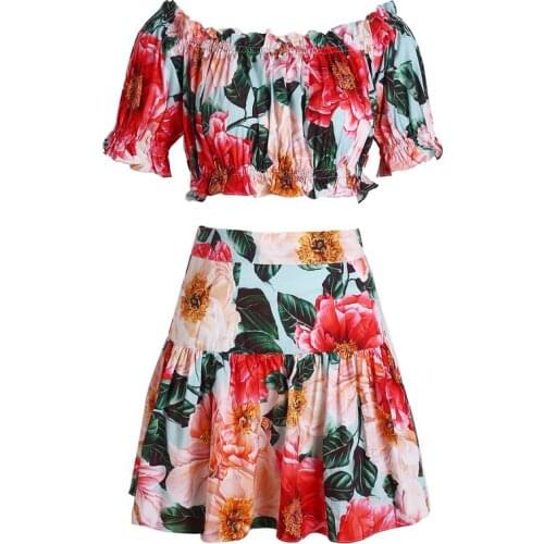 100% Cotton Spring Summer Womans Suit Red Camellia Print Short-Sleeve short Top + High-Waist Skirt vacation Fashion lady suit