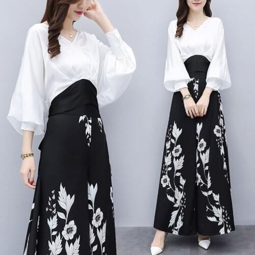 Womens spring new style chiffon printing fashion casual was thin temperament two-piece high waist skirt pants suit