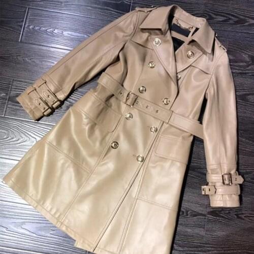 Genuine leather coat long ladies real sheep leather windbreak