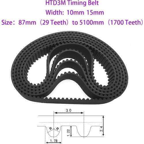 1Pcs Width 10mm/15mm 3M Black Rubber Closed Loop Timing Belt Perimeter 591mm to 630mm Teeth 197-210 For CNC Machine/Step Motor