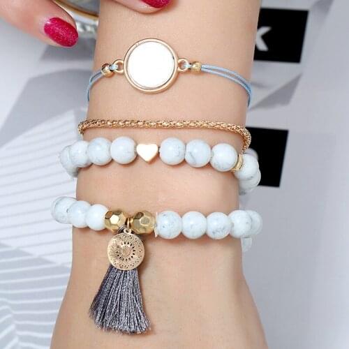 4 Pcs/set Boho Tassel Bracelet Heart Pearl Wave Love Marble Charm Bracelets Sets For Women Fashion Jewelry