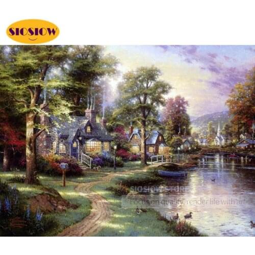5D Diamond Painting House In River Scenery Diamond Embroidery Rhinestones Houses Lakeside Landscape Cross Stitch Room Decor Home