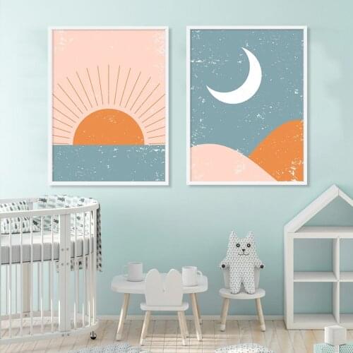 Abstract Sun Rise Moon Scene Canvas Paintings Nursery Prints Posters Wall Art Pictures Bedroom Home Decorations