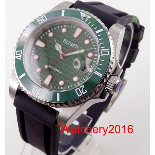 Bliger Brand New 40mm Green Dial Steel Case Automatic Mens Watch Rubber Watch With Magnifying Glass Sapphire Glass Spiral Crown