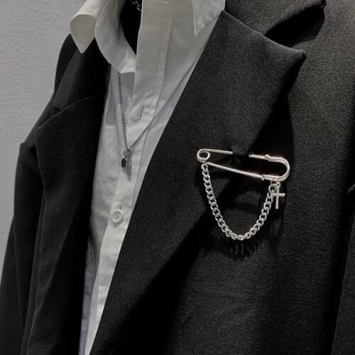 FFLACELL 2020 NEW Silver Color Retro Punk Big Pins Cross Metal Brooch for Women Man Couple Hip Hop Long Chain Coat Accessories