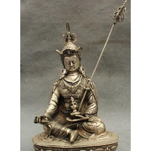 Decoration bronze factory outlets Tibet Silver 9" Tibet Buddhism Silver Seat Lotus Guru Rinpoche Padmasambhava Buddha Statue