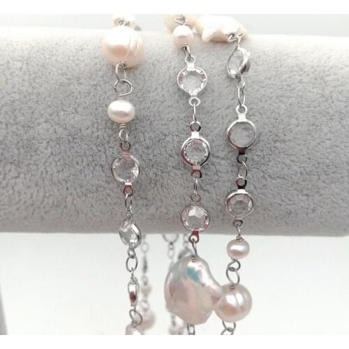 YYGEM 42" natural Cultured White Keshi Pearl White Gold Plated Cz Pave Chain Long sweater chain Necklace