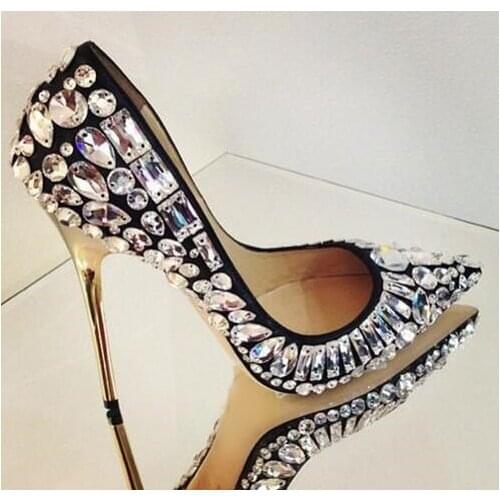 Elegant Jeweled High Hee Pumps Black White Crystal Embellished Dress Shoes Pointed Toe Slip-on Rhinstone Bride Wedding Shoes