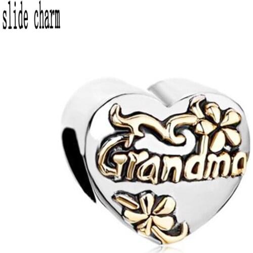 Slide charm Free shipping Mothers Day Heart Grandma exquisite charm beads fit Pandora bracelet