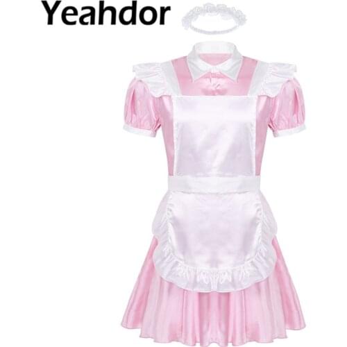 3Pcs Men Adult Maid Cosplay Costume Outfit Homme Turn-down Collar Puff Sleeve Front Button Down Dress with Apron Headband