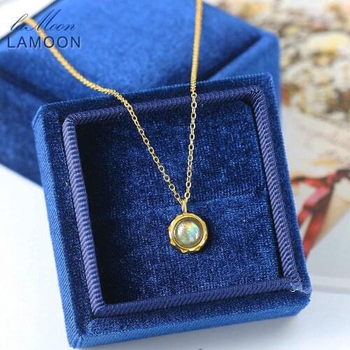 LAMOON Natural African Labradorite Pendant Gemstome 925 Silver Necklace For Women 14K Gold Plated Engagement Jewerly LMNI139