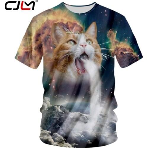 CJLM Summer New Man Waterfall And White Clouds T shirt 3D Printed Animal Starry Sky Cat Leisure 5XL Mens O Neck Tshirt