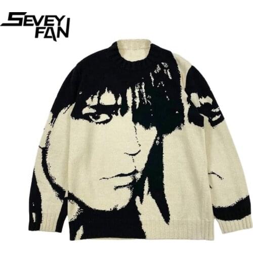 SEVEYFAN Mens Sweaters Round Neck Retro Sweaters Street Portraits Knitted Sweaters Personalized Knitwear