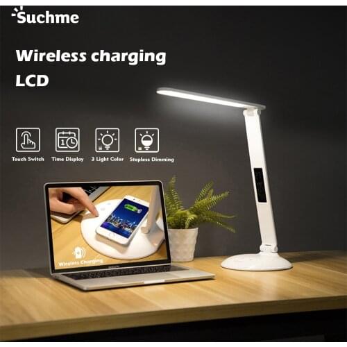 Suchme Stepless Dimming Eye-Care LED Desk Lamp Mobile Wireless Charger For PC Office Reading Table Clock Time/Date/Temperature