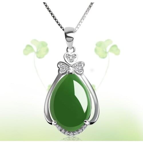 Natural Green Jade Chalcedony Water Drop Pendant 925 Silver Necklace Chinese Carved Charm Jewelry Fashion Amulet Gifts for Women
