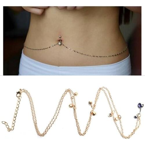 New Rhinestone Crystal Bar Waist Chain Stainless Steel Pendant Piercing Belly Barbell Navel Ring With Waist Chain 2 Colors