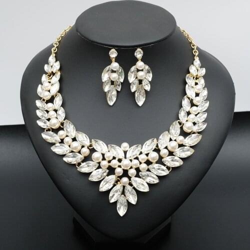 New Womens Luxury Bridal Wedding Costume Jewelry Set Simulated Pearl & Marquis Crystal V-Drop Necklace and Earrings for Brides