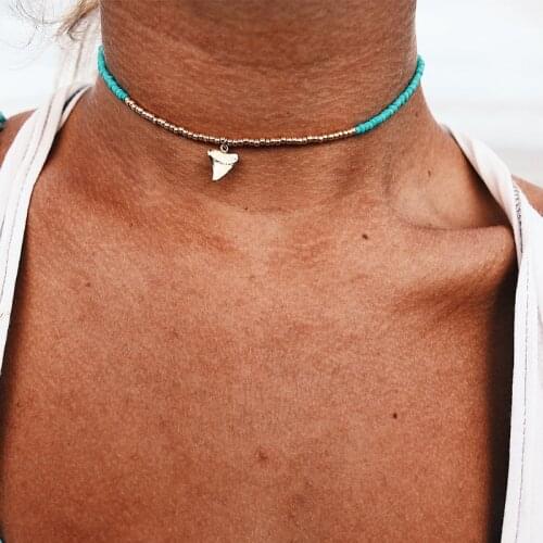 Bohemian Gold Beads Chains Shark Teeth Pendant Choker Necklace Women Collares Bohemian Summer Beach Jewelry Gift Collier