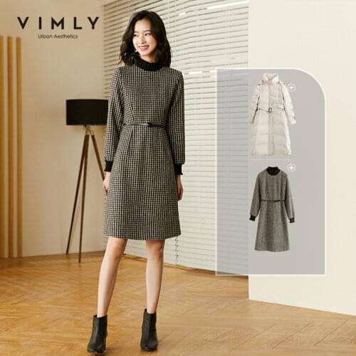 Vimly Womens Houndstooth Dresses Fashion Stand Collar Long Sleeve A Line Dress Autumn Winter Office Lady Wear Vestidos F3666