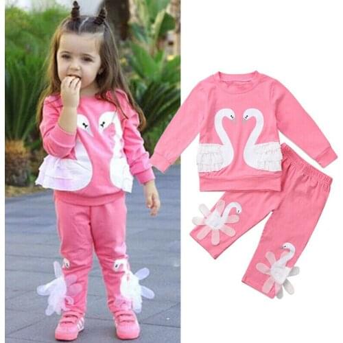 Toddler Kids Casual Girl Clothing Sets Pink Swan Lace Long Sleeve T shirt Sweatshirts Cute Pants 2Pcs Warm Children Clothes