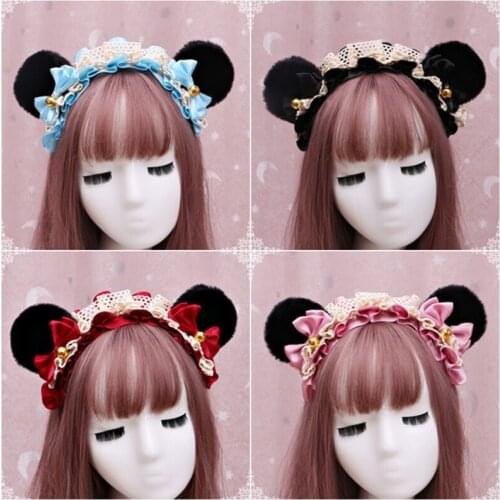 Japanese Lolita Satin Lace Bow Headband Cute Plush Bear Ears Golden Bell Hair Hoop Kawaii Maid Cosplay Costume Headpiece