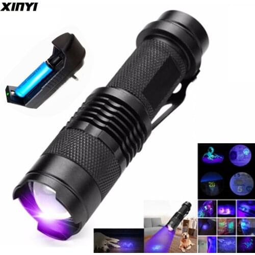LED UV Flashlight Ultraviolet Torch Mini UV Light Zoomable Function 395nm Ultra Violet Light Blacklight use 14500/AA Battery