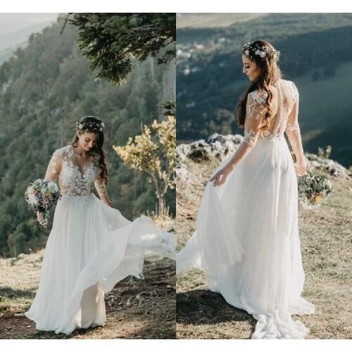 Bohemian Vintage Wedding 2021 Boho Long arm Beach Bride Chiffon Brid Dress Simple A-Line Vestido De Noiva