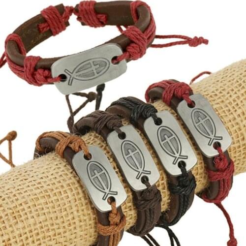 Vintage Fashion Black Rope Leather Cuff Bracelet Retro Cross Jesus Fish Alloy Charm Wristbands Bangle for Men Women Jewelry Gift