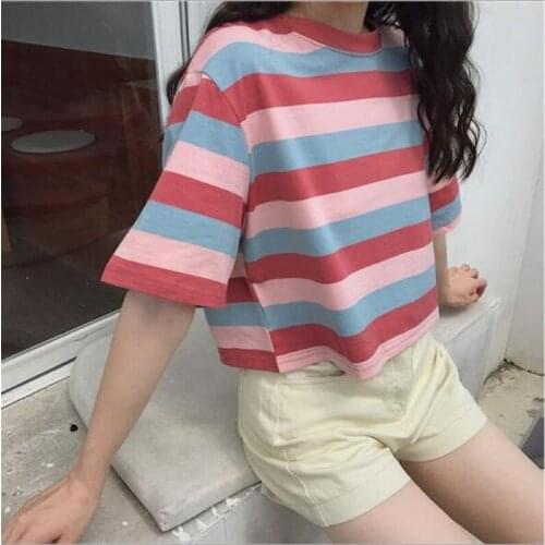 New Fashion Woman T-shirt Striped Color Short Sleeve Round Neck Women Tops Tees Casual Loose Tshirts Women