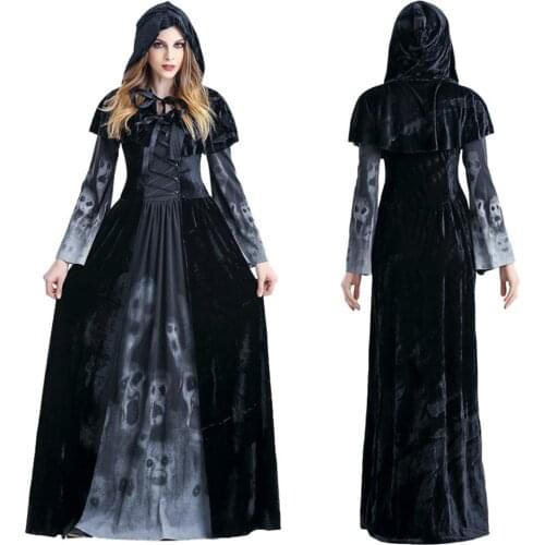 Womens Cosplay Costume Vintage Black Hooded Long Dress Halloween Witch Hooded Robe Medieval Maiden Cosplay Dress 2020